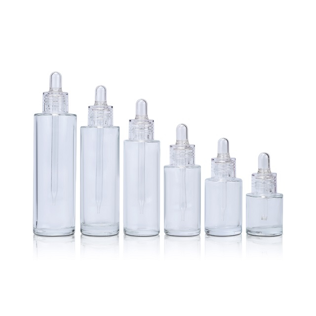 Muestra gratis Cosm&eacute;tico vac&iacute;o 1 oz 30 ml 50 ml 60 ml Suero para el cuidado de la piel Aceite esencial para el cabello Botella cuentagotas de vidrio con cuentagotas transparente