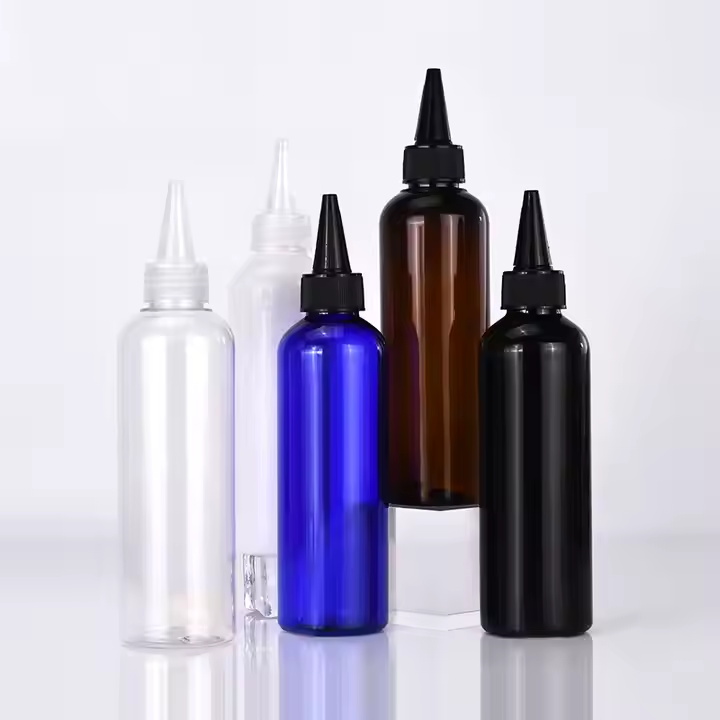 Bouteille d'huile capillaire en plastique avec capuchon sup&eacute;rieur torsad&eacute;, applicateur &agrave; presser