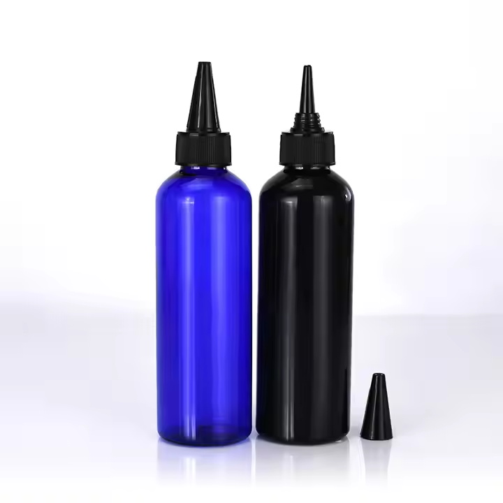 Bouteille d'huile capillaire en plastique avec capuchon sup&eacute;rieur torsad&eacute;, applicateur &agrave; presser