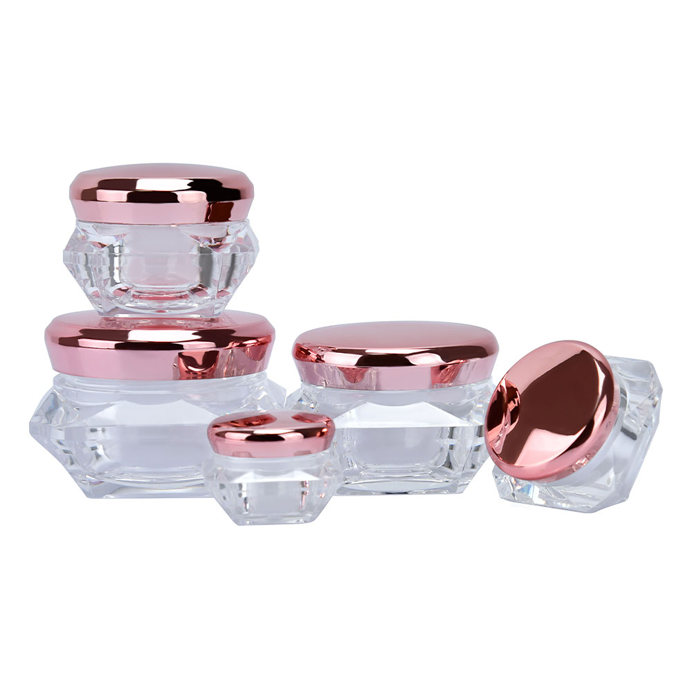 Rose Gold ฝาครอบด้านบนรูปทรงเพชรร่างกายสองชั้นอะคริลิภาชนะบรรจุภัณฑ์เครื่องสำอางขวดครีมพลาสติก