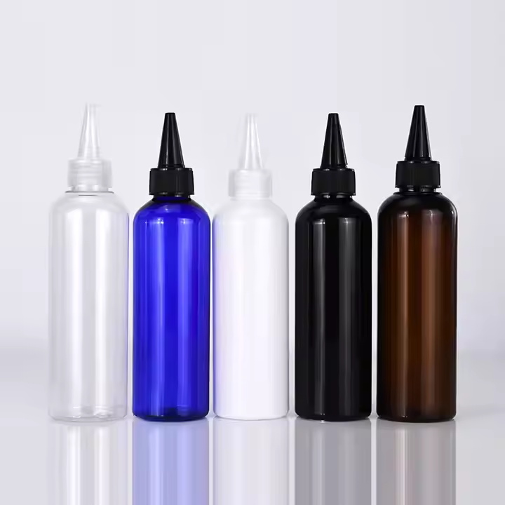 Bouteille d'huile capillaire en plastique avec capuchon sup&eacute;rieur torsad&eacute;, applicateur &agrave; presser
