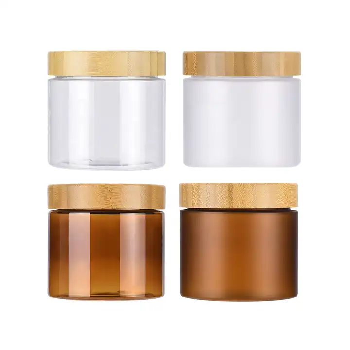 Tarro de crema cosm&eacute;tica de mantequilla corporal de pl&aacute;stico para mascotas con tapa de bamb&uacute;