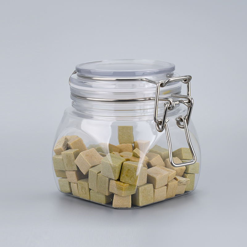 食品グレードのキッチンクリアストレージペットプラスチックユニークなクッキー空密封蜂蜜ジャムクリップトップジャー金属クリップ蓋付きメイソンジャー