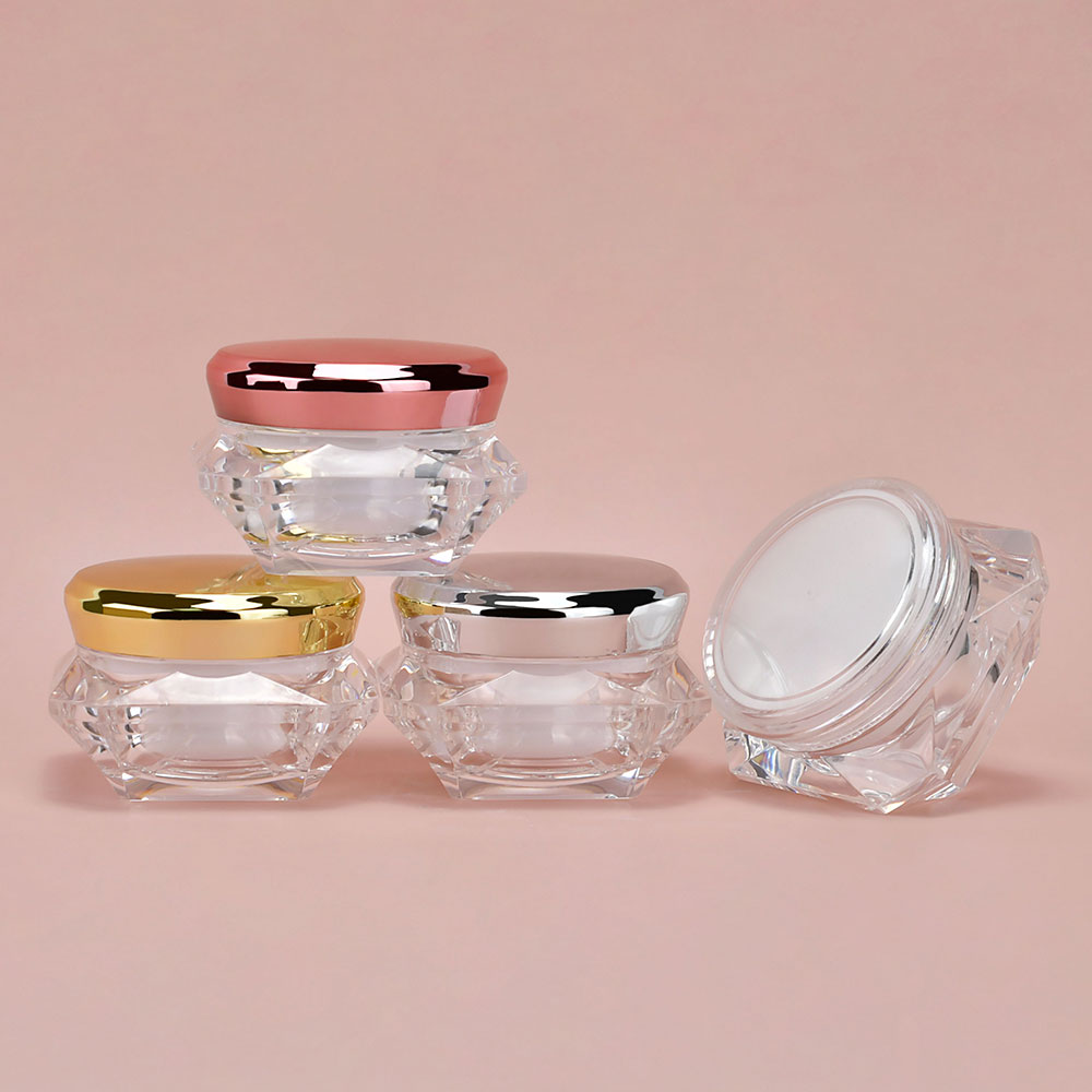 Rose Gold ฝาครอบด้านบนรูปทรงเพชรร่างกายสองชั้นอะคริลิภาชนะบรรจุภัณฑ์เครื่องสำอางขวดครีมพลาสติก