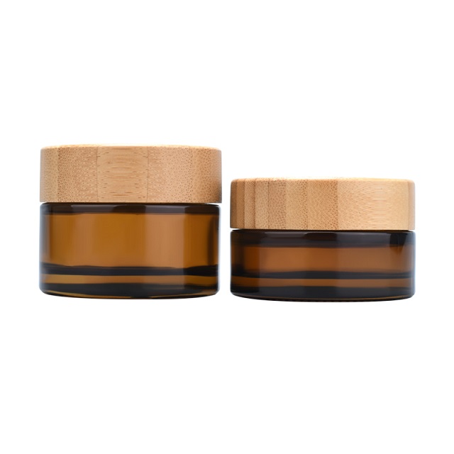 Hete verkoop cosmetische gezichtscr&egrave;me container 5 ml 15 ml 30 ml 50 ml 100 ml amber matglazen pot met bamboe houten deksel