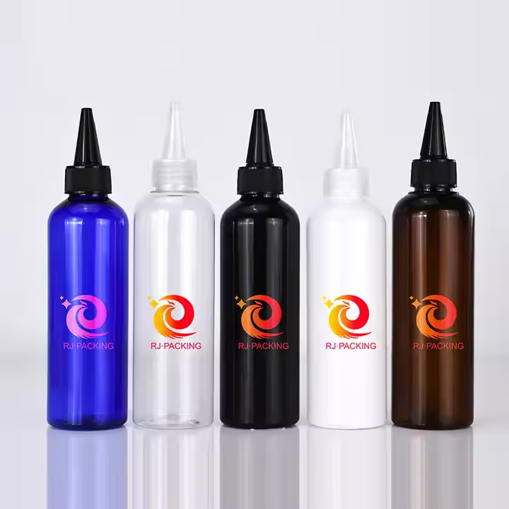 Bouteille d'huile capillaire en plastique avec capuchon sup&eacute;rieur torsad&eacute;, applicateur &agrave; presser