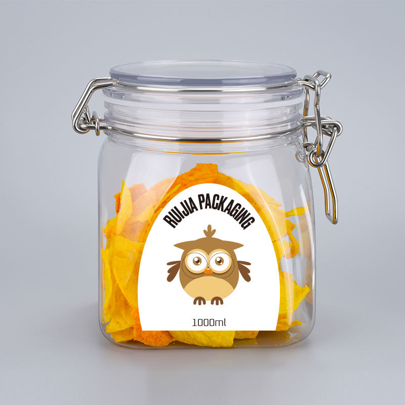 食品グレードのキッチンクリアストレージペットプラスチックユニークなクッキー空密封蜂蜜ジャムクリップトップジャー金属クリップ蓋付きメイソンジャー