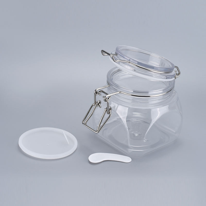 食品グレードのキッチンクリアストレージペットプラスチックユニークなクッキー空密封蜂蜜ジャムクリップトップジャー金属クリップ蓋付きメイソンジャー